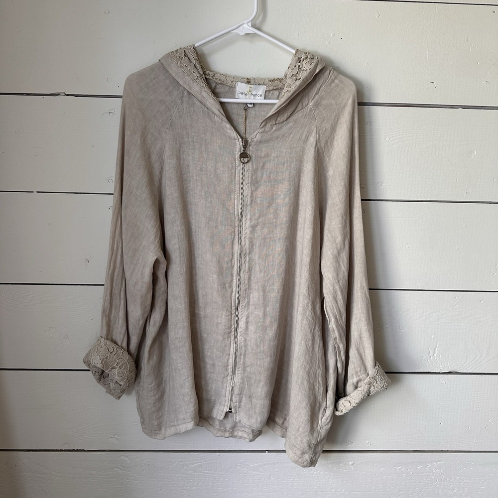 Belle France Linen Lace Hooded Jacket M New Beige Coastal Resort Beach Casual